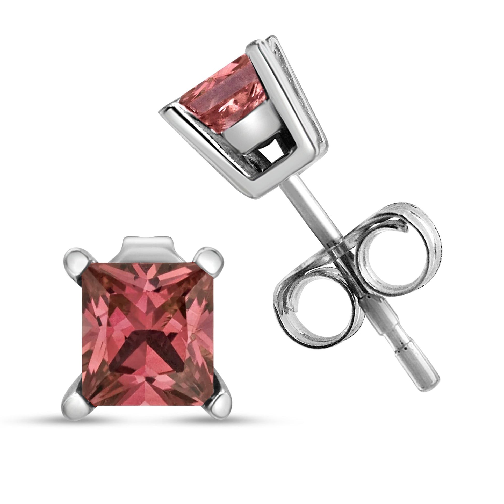 Pair of white metal stud earrings with pink princess-shaped gemstones in a 4-prong setting, shown from front and side angles.