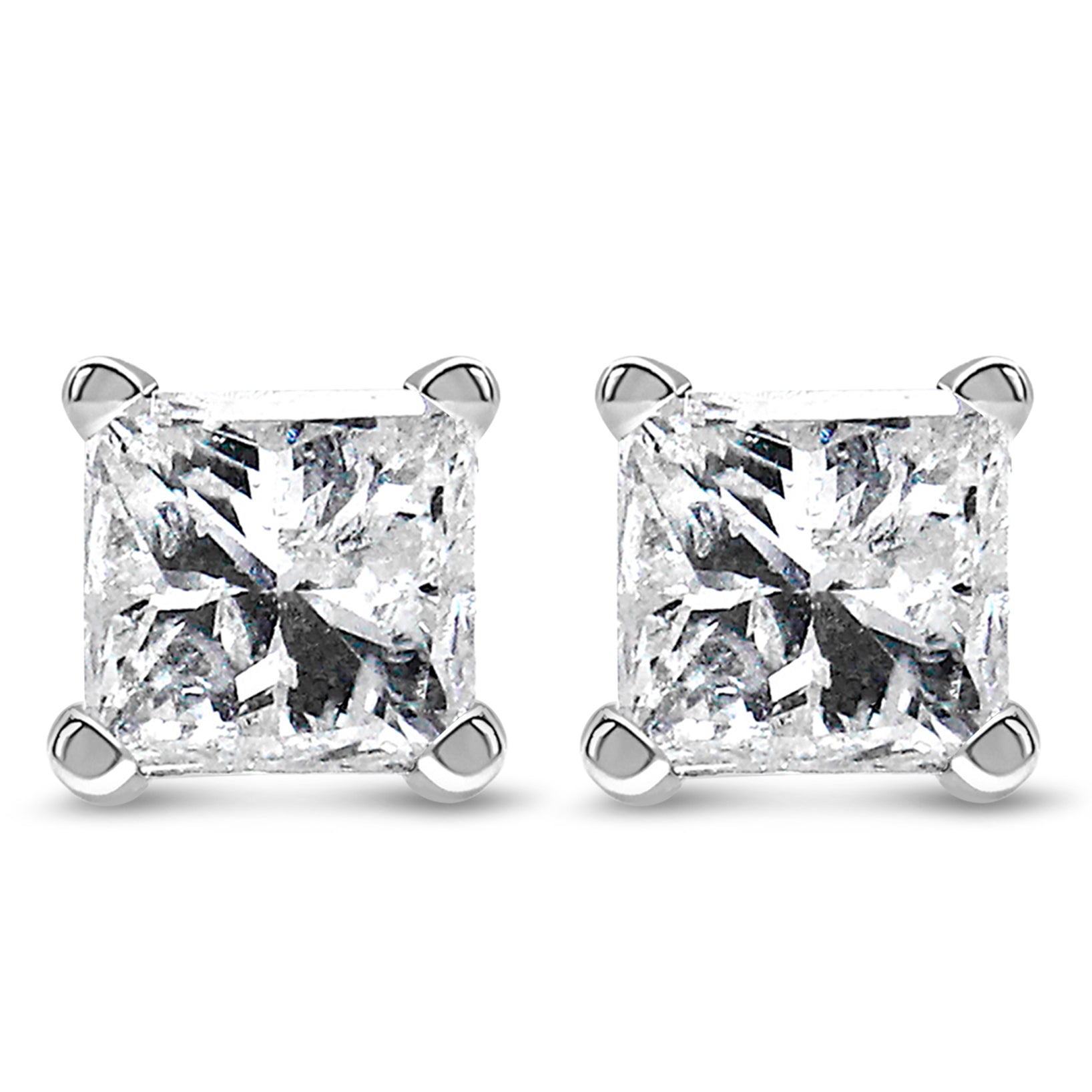 Pair of white metal stud earrings with princess shape white gemstones in four-prong settings, shown in a front-facing close-up shot.