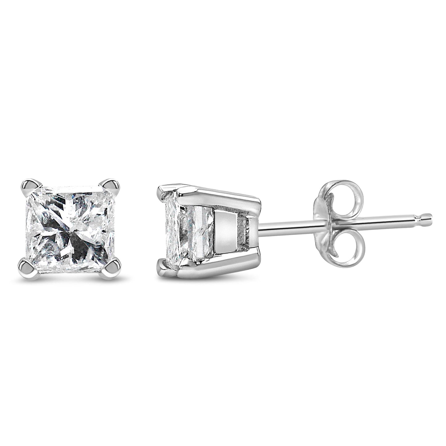 Pair of white metal stud earrings with princess shape white gemstones in a four-prong setting, shown from front and side angles on a white background.