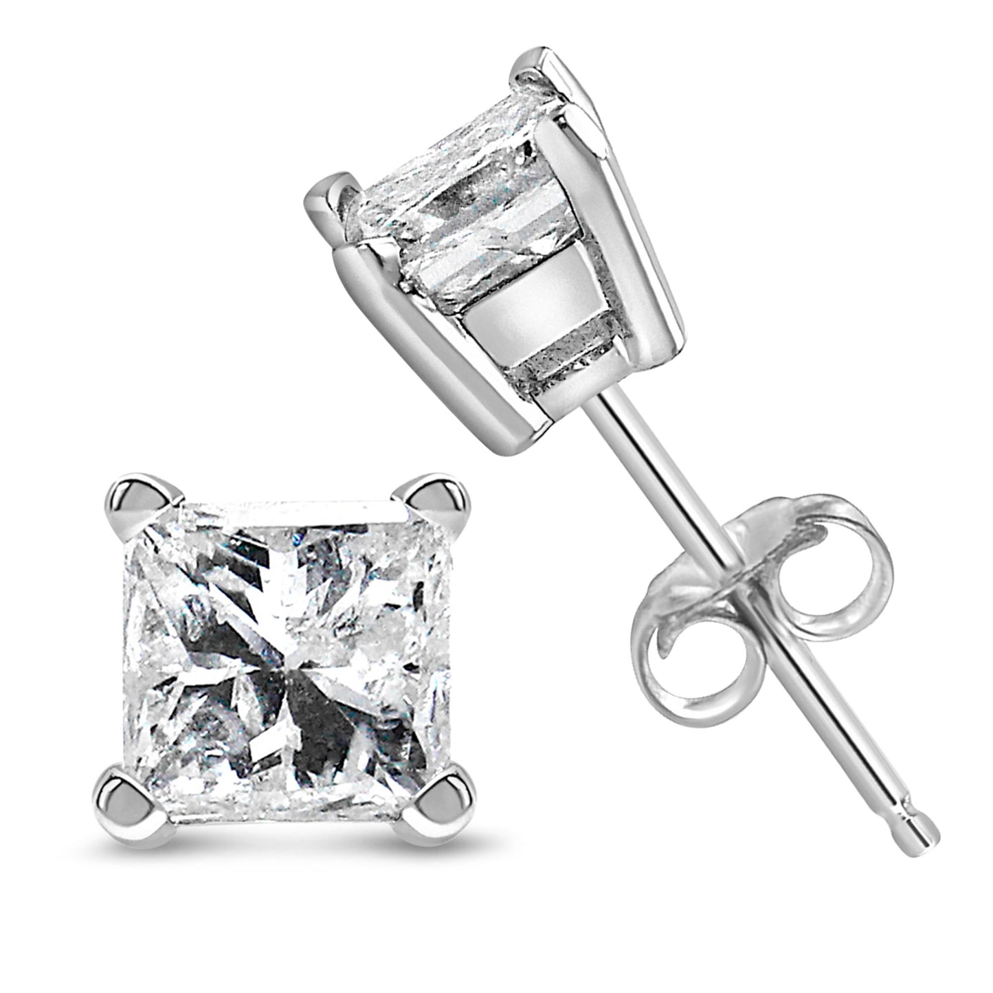 Close-up front and side view of a pair of white metal stud earrings, each featuring a princess-shaped white gemstone in a four-prong setting.