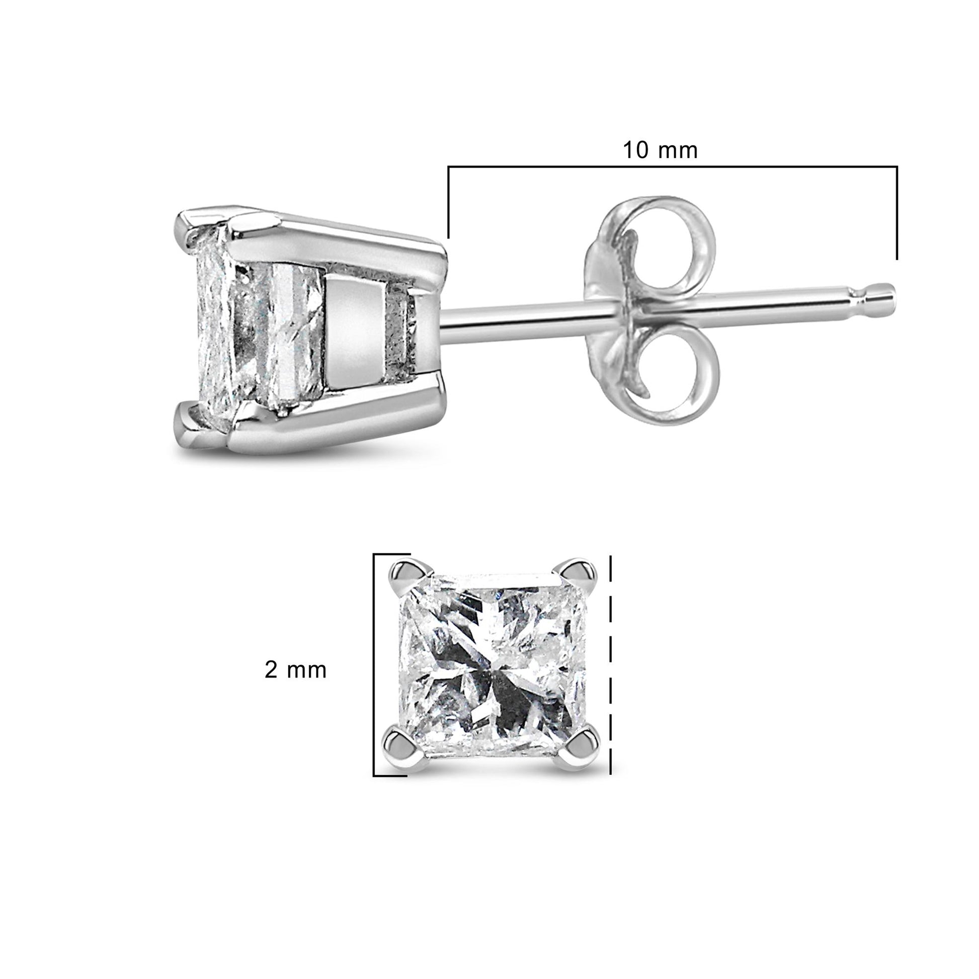 Close-up side and front views of a white metal stud earring featuring a single princess-shaped white gemstone in a four-prong setting, shown on a scale indicating dimensions.