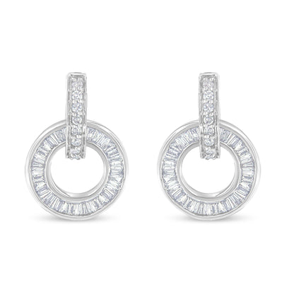 Front angle of white metal earrings with circular hoop design featuring channel-set baguette-shaped white gemstones around the hoop and prong-set round white gemstones on the hanging loop.