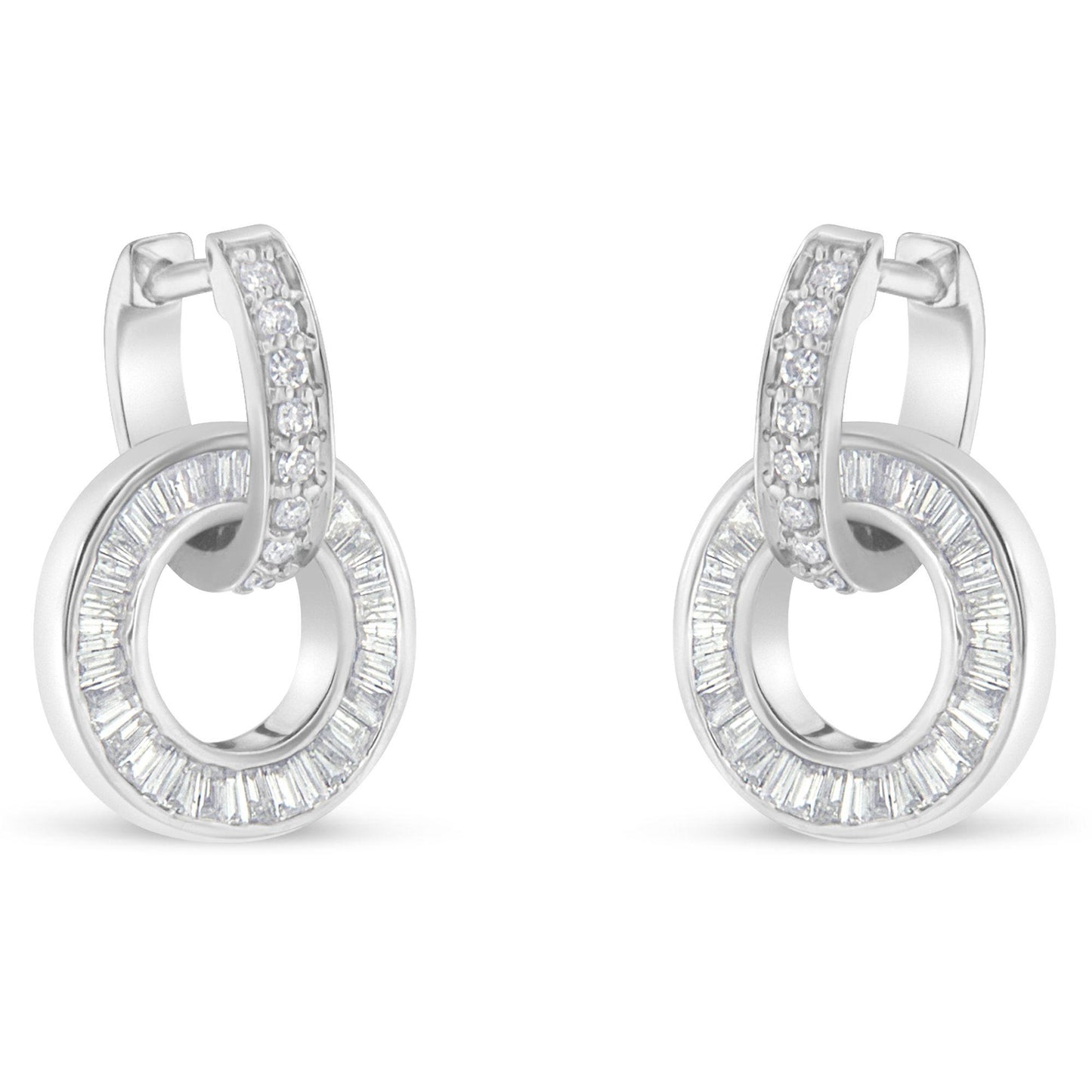 Pair of white metal earrings with a circular hoop design featuring channel-set baguette-shaped white gemstones and a row of prong-set round white gemstones on the top hoop, shown from the front angle.