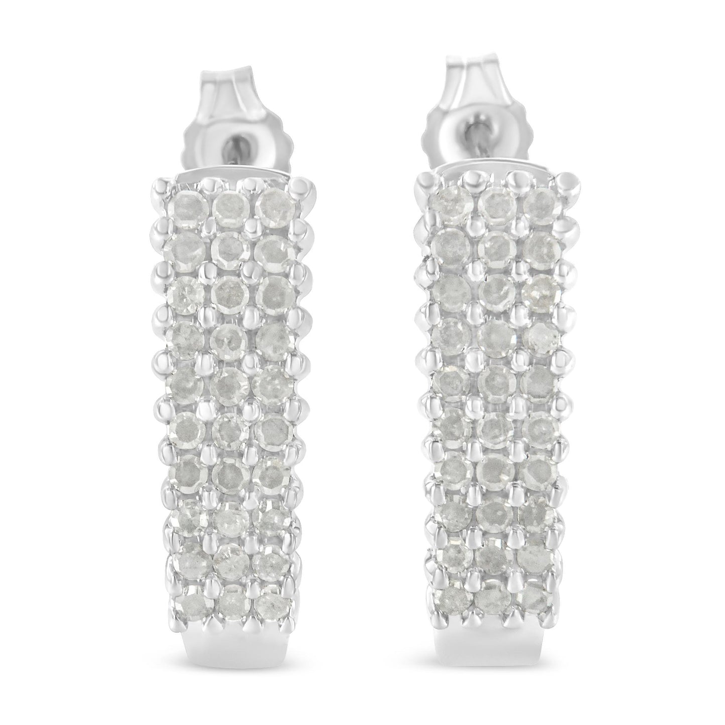Front-facing close-up of a pair of white metal rectangular earrings set with multiple rows of round white gemstones in prong settings.