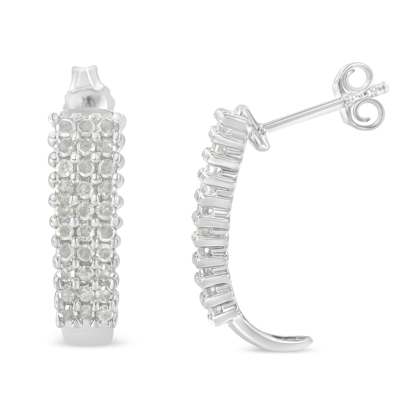 Pair of white metal semi-hoop earrings with multiple rows of round white gemstones in prong settings, shown from front and side angles.
