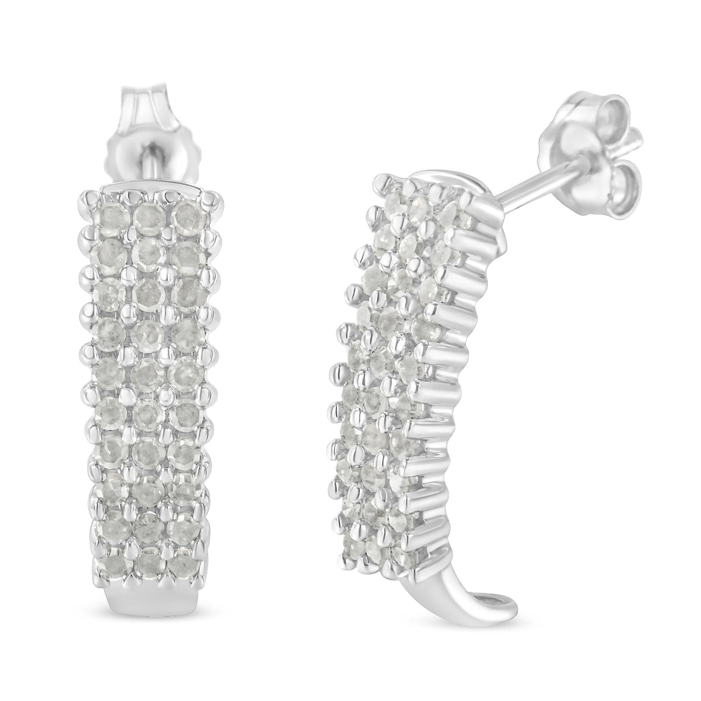 Pair of white metal hoop earrings with multiple round white gemstones in prong settings, shown from front and side angles.