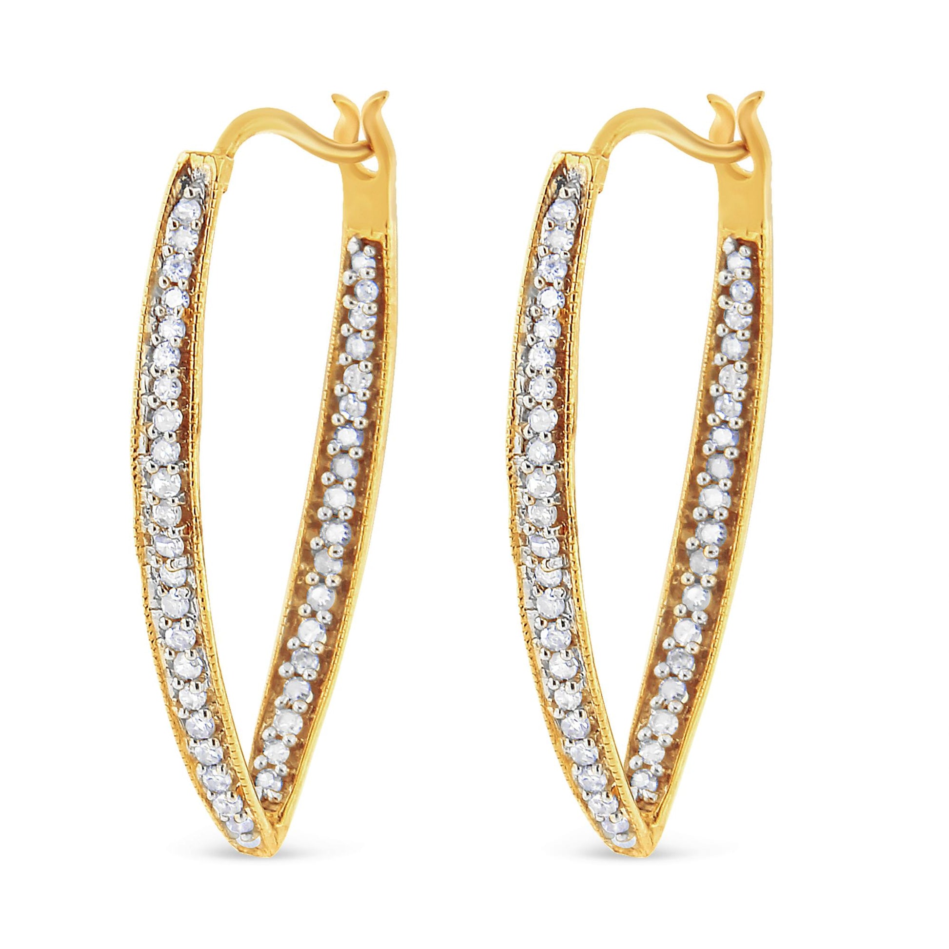 Front-facing shot of a pair of yellow metal hoop earrings with rows of round white gemstones set along the outer edges in a prong setting.