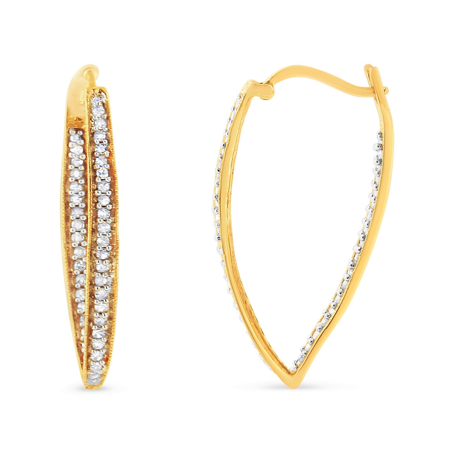 Close-up front and side views of yellow metal earrings with two rows of round white gemstones in prong settings.