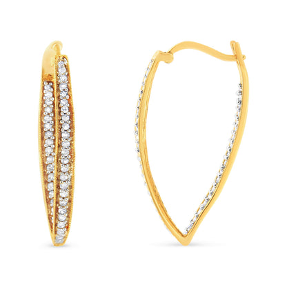 Close-up front and side views of yellow metal earrings with two rows of round white gemstones in prong settings.