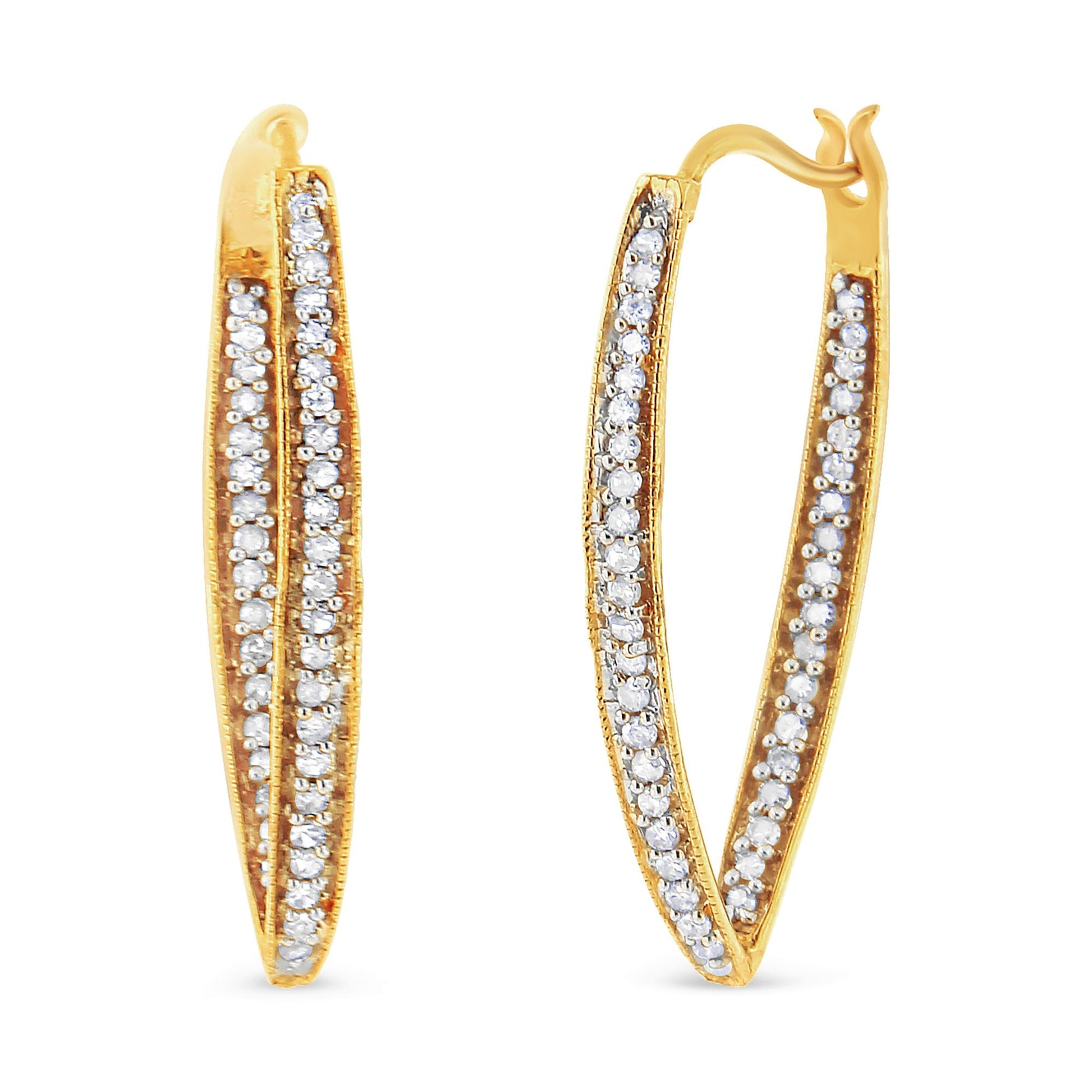Pair of yellow metal elongated hoop earrings with two rows of round white gemstones in prong setting, shown from front and side angles.
