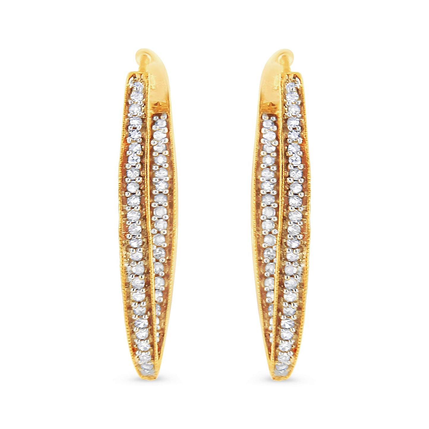 Pair of yellow metal earrings with two rows of prong-set white round gemstones, front-facing angle.