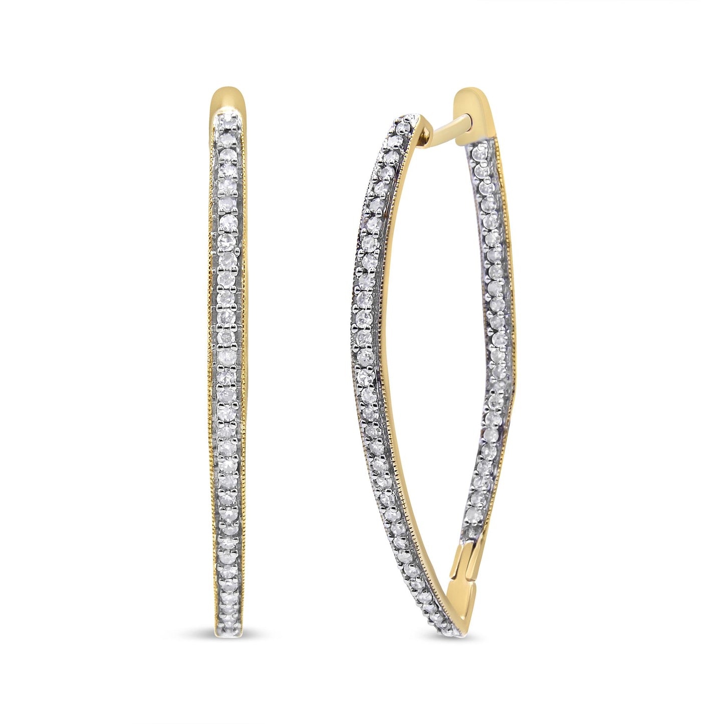 Pair of yellow metal hoop earrings with a line of prong-set white round gemstones, shown at a front and angled side view on a white background.