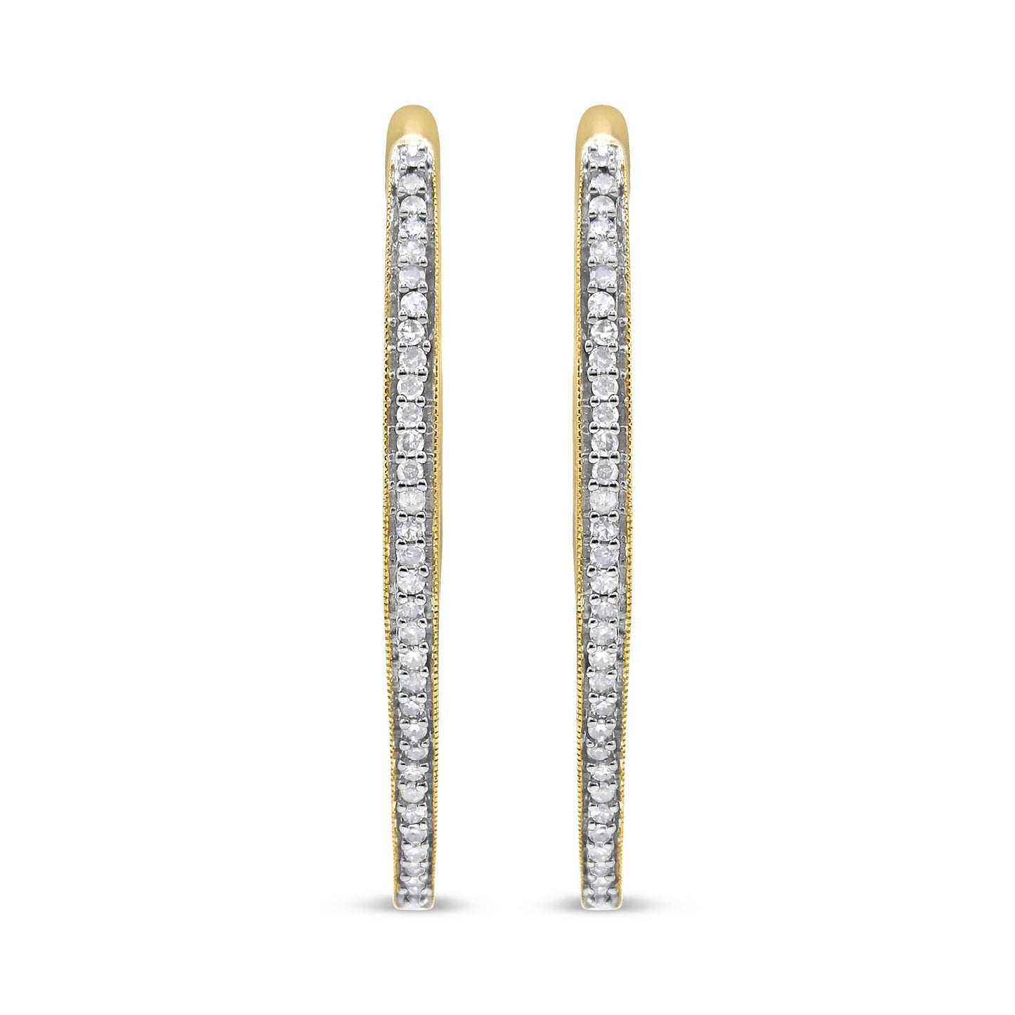 Front view of slim yellow metal hoop earrings lined with prong-set round white gemstones.