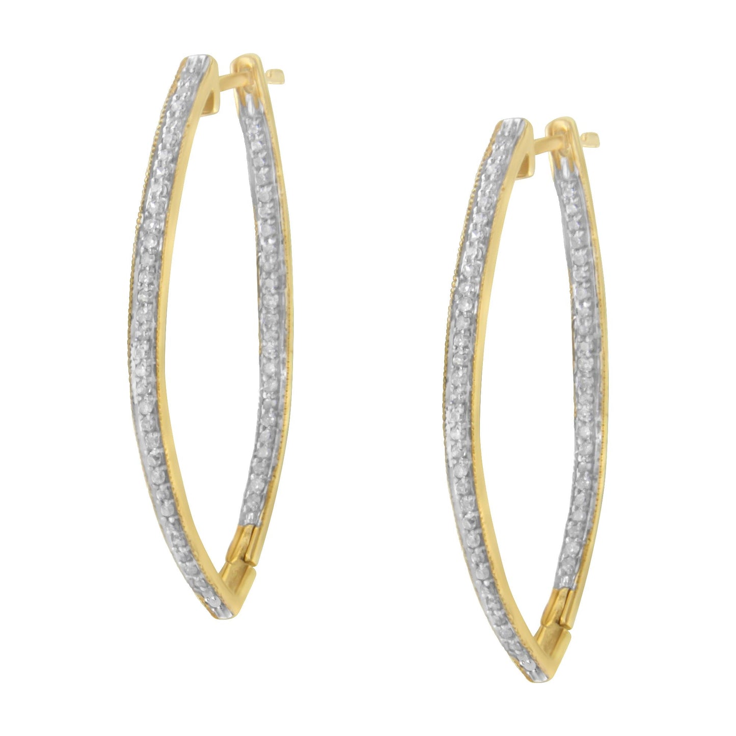 Pair of elongated yellow metal hoop earrings with rows of white round gemstones in prong settings, shown from a front angle.