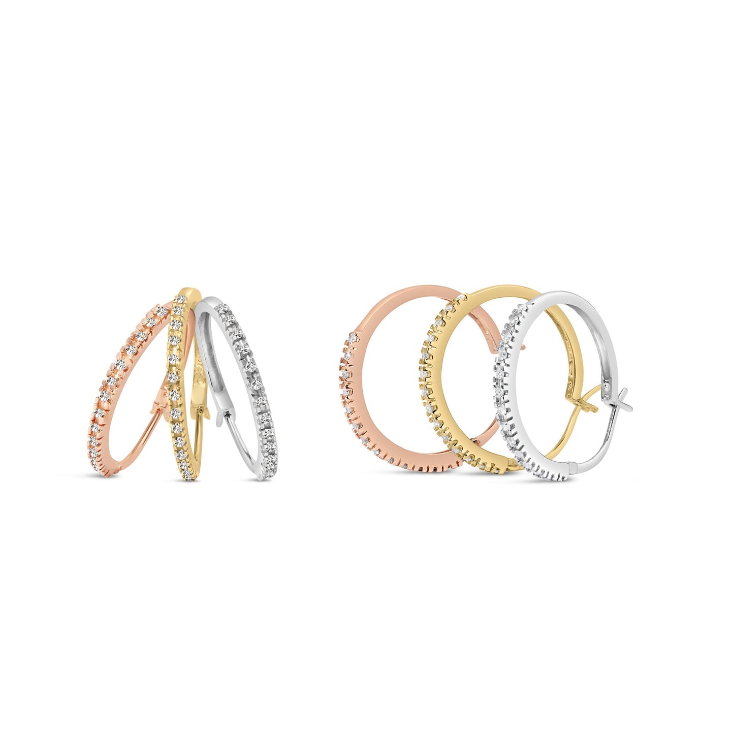 Front angled view of three pairs of hoop earrings in yellow, white, and rose metal colors, each set with round white gemstones in a prong setting along the outer edge.