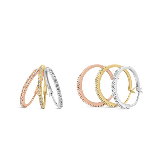 Front angled view of three pairs of hoop earrings in yellow, white, and rose metal colors, each set with round white gemstones in a prong setting along the outer edge.