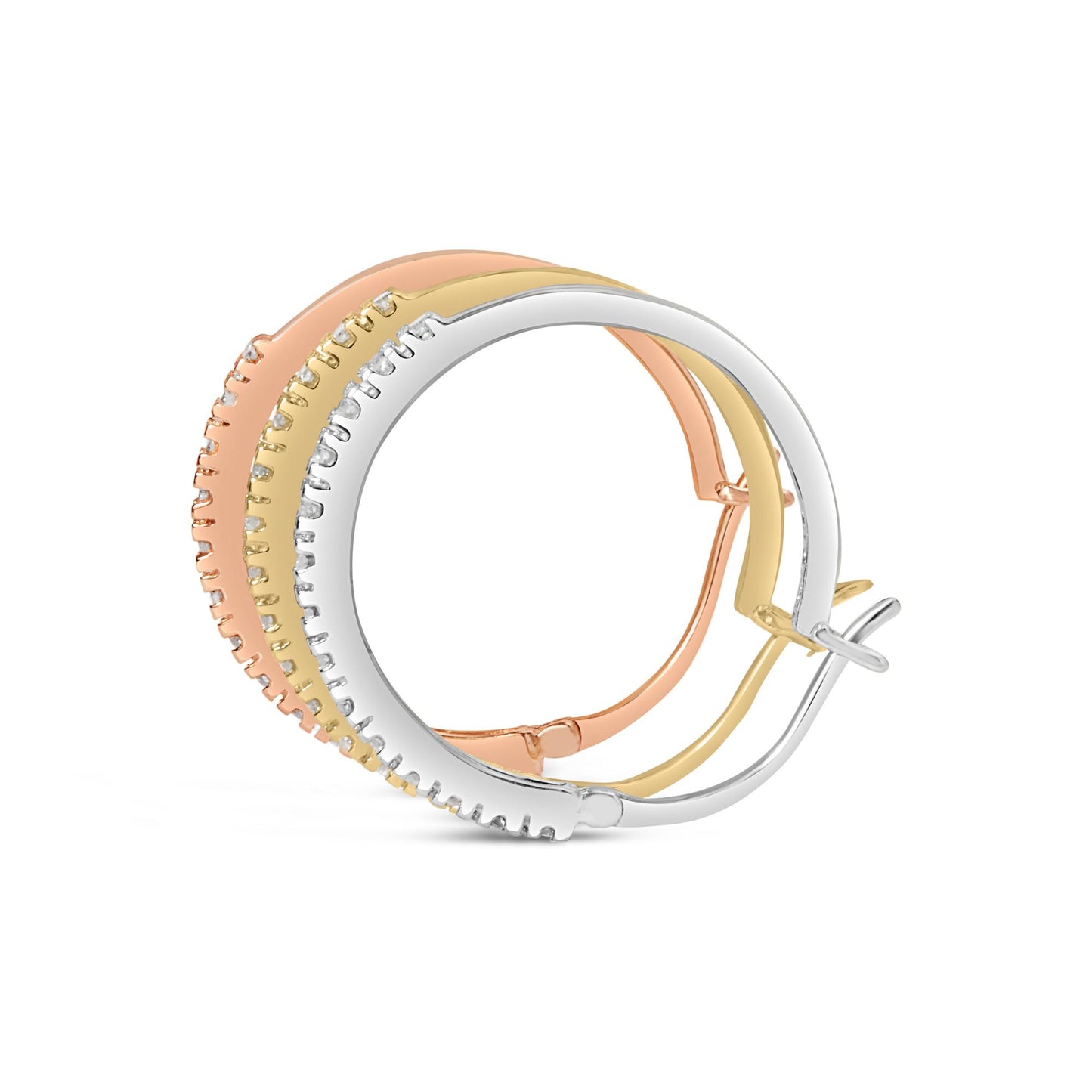 Close-up side angle of triple hoop earrings in yellow, white, and rose metal colors, each featuring small white gemstones set in prongs along the outer edge.