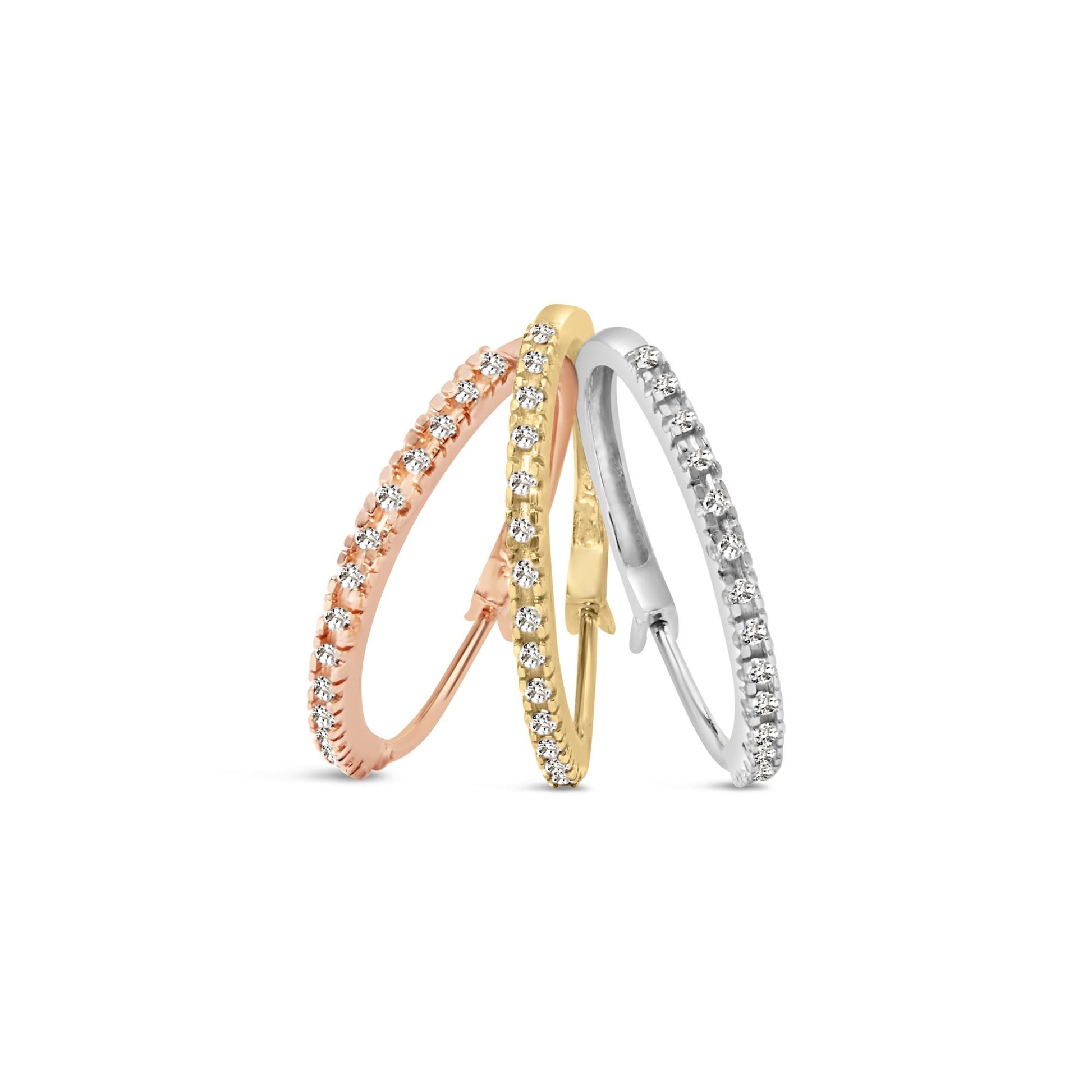 Three hoop earrings in yellow, white, and rose-colored metal, each with a row of prong-set round white gemstones, shown at a front angled view.