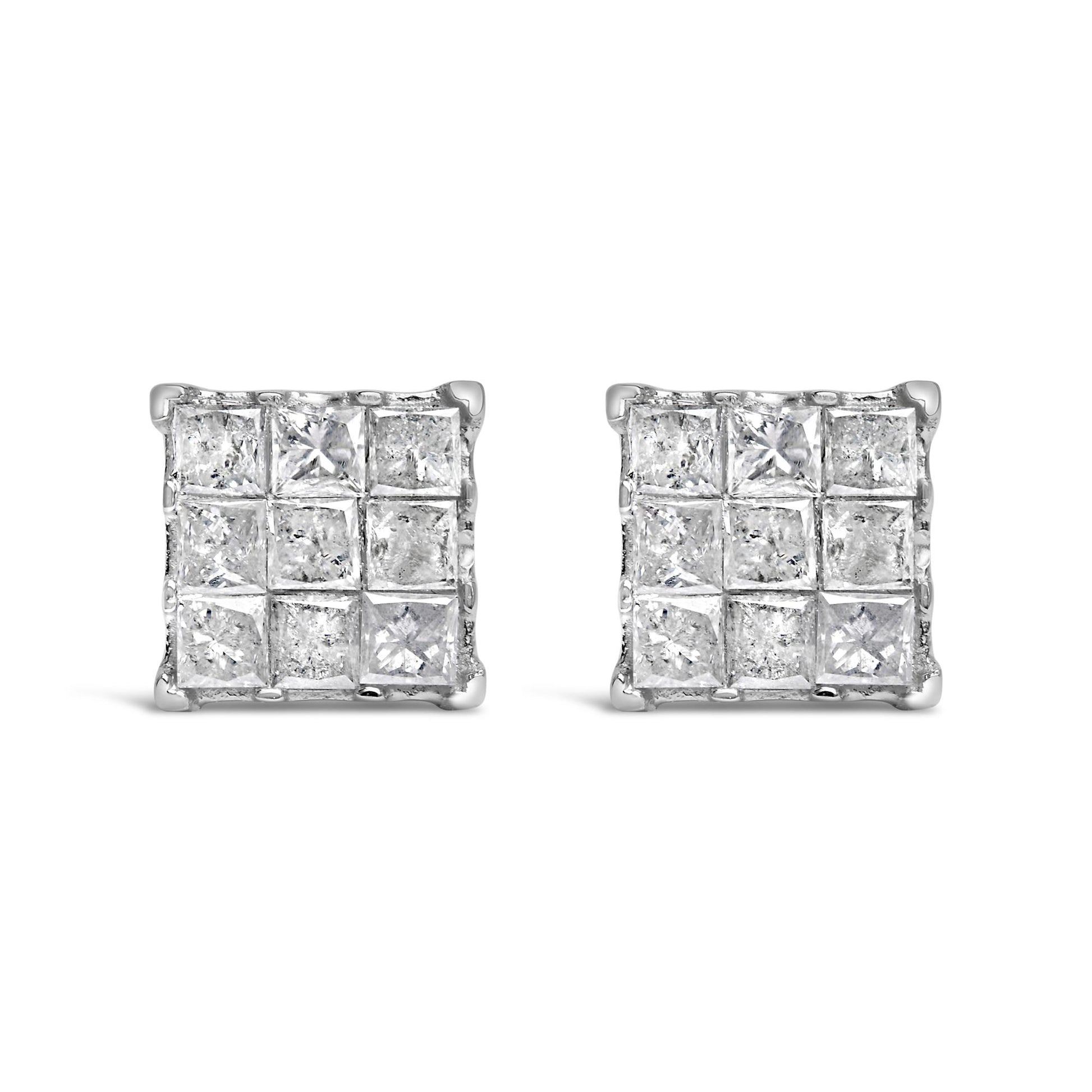 Front view of a pair of white metal square earrings with multiple small princess-cut white gemstones in an invisible setting.
