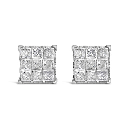 Front view of a pair of white metal square earrings with multiple small princess-cut white gemstones in an invisible setting.