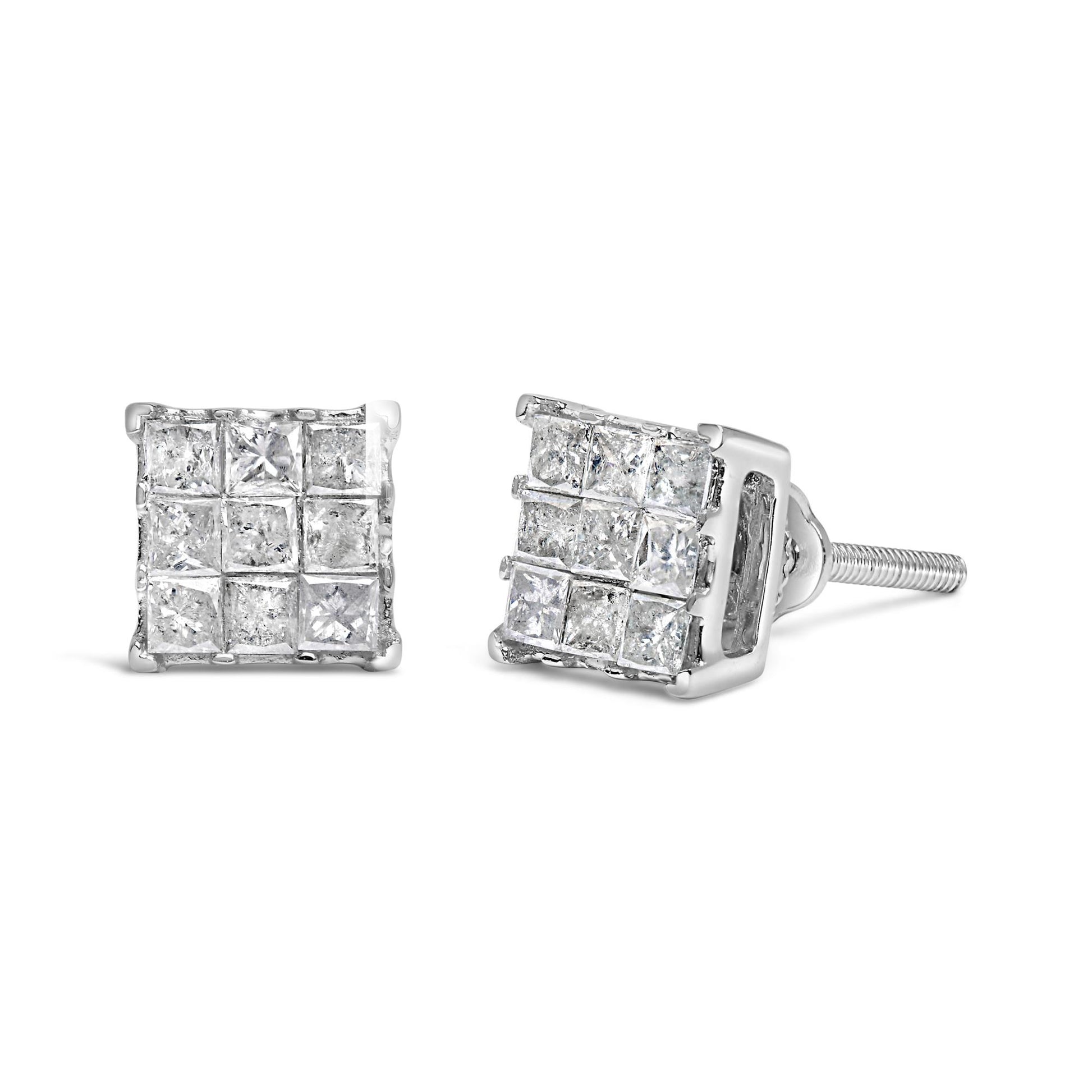 Close-up front and side view of white metal square stud earrings set with multiple small white gemstones in a grid pattern with invisible setting.