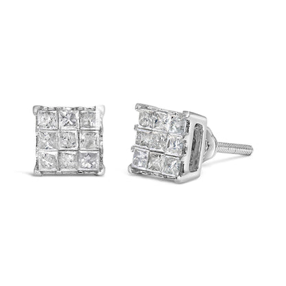 Close-up front and side view of white metal square stud earrings set with multiple small white gemstones in a grid pattern with invisible setting.