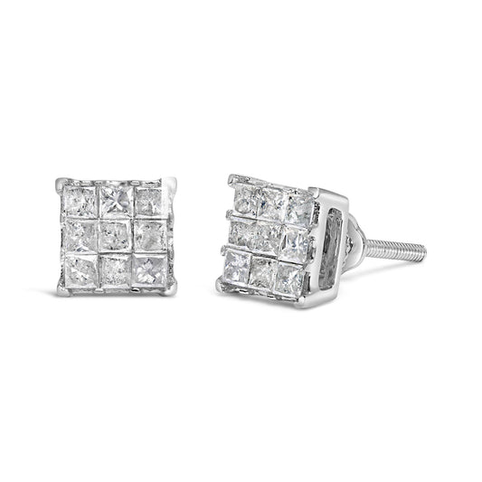 Close-up front and side view of white metal square stud earrings set with multiple small white gemstones in a grid pattern with invisible setting.