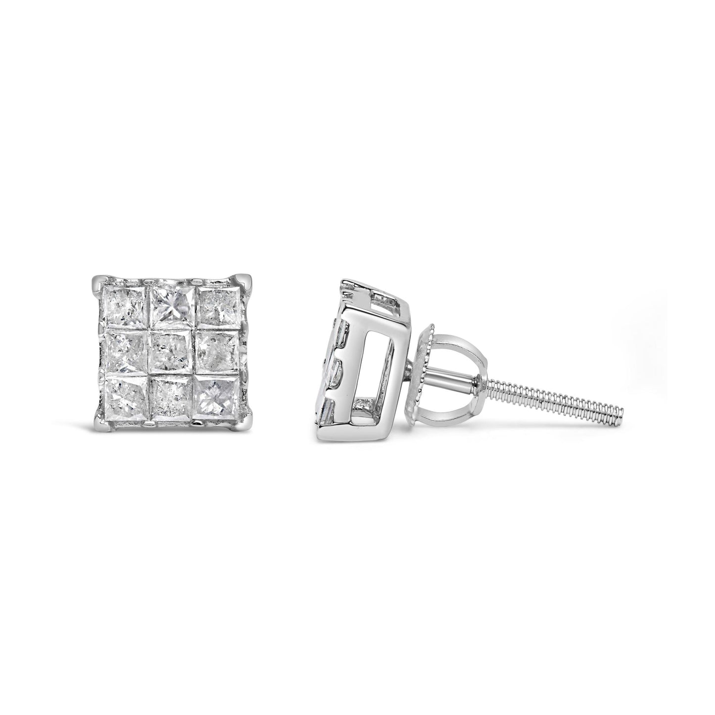 Front and side view of a pair of square white metal stud earrings with a grid of princess-shaped white gemstones in invisible setting.