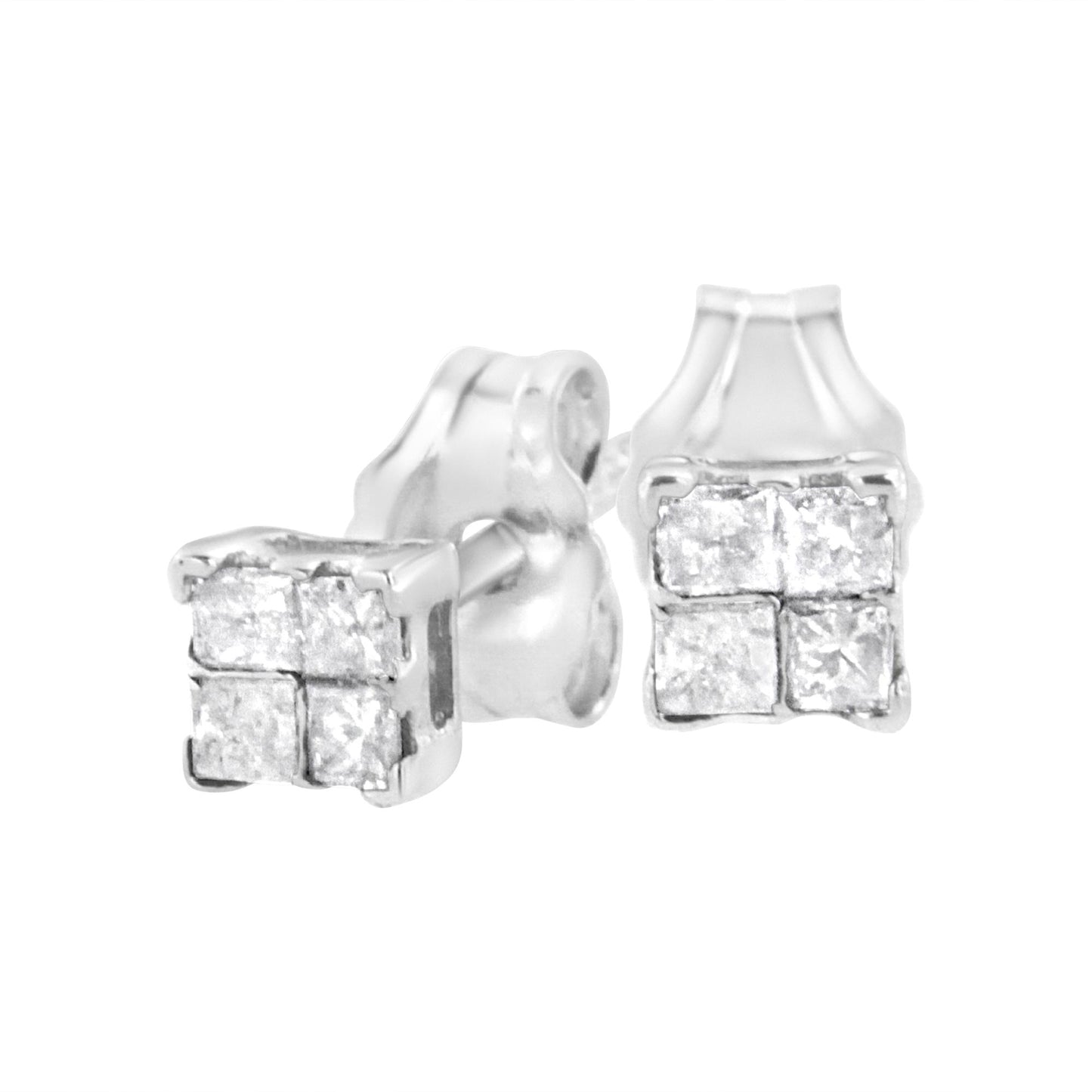 Close-up front and side angle of a pair of white metal square earrings with four princess-shaped white gemstones in an invisible setting.