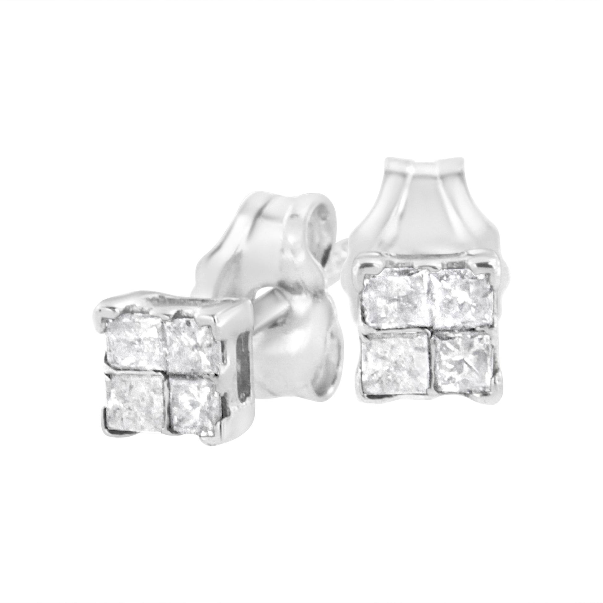 Close-up front and side angle of a pair of white metal square earrings with four princess-shaped white gemstones in an invisible setting.