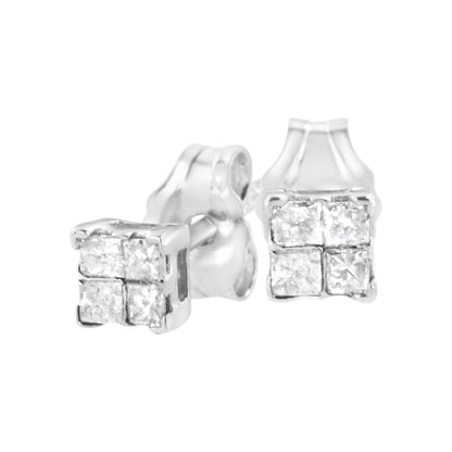 Close-up front and side angle of a pair of white metal square earrings with four princess-shaped white gemstones in an invisible setting.