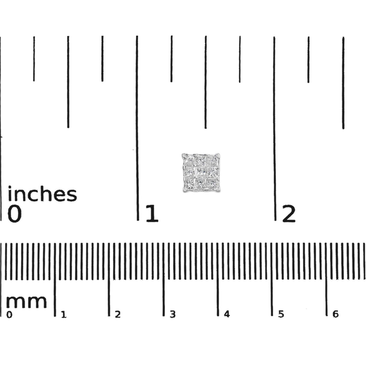 Square white metal stud earring with multiple princess-shaped white gemstones in invisible setting, photographed on a ruler for size reference.