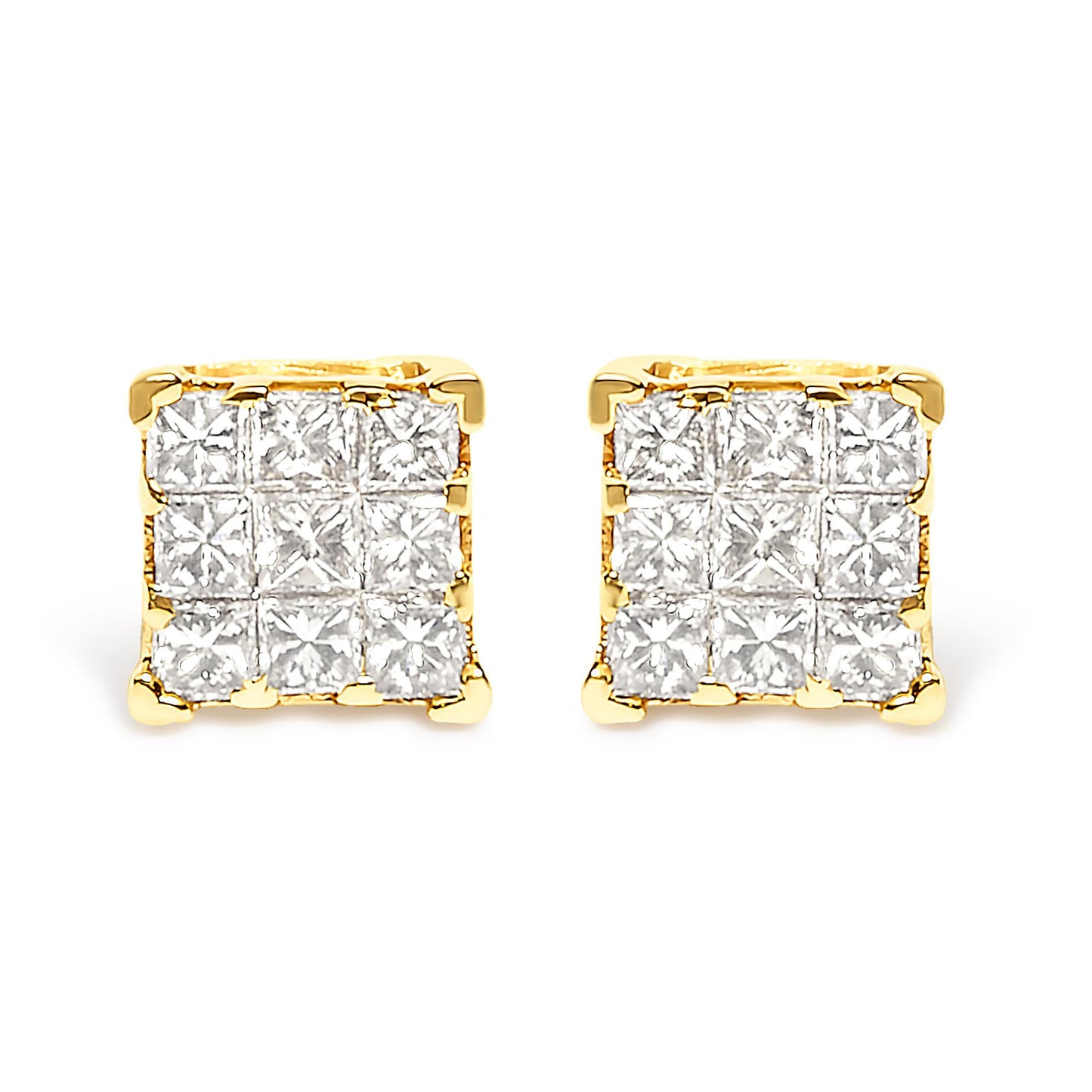 Front view of a pair of yellow metal square stud earrings with white princess shape gemstones set invisibly in a cluster.