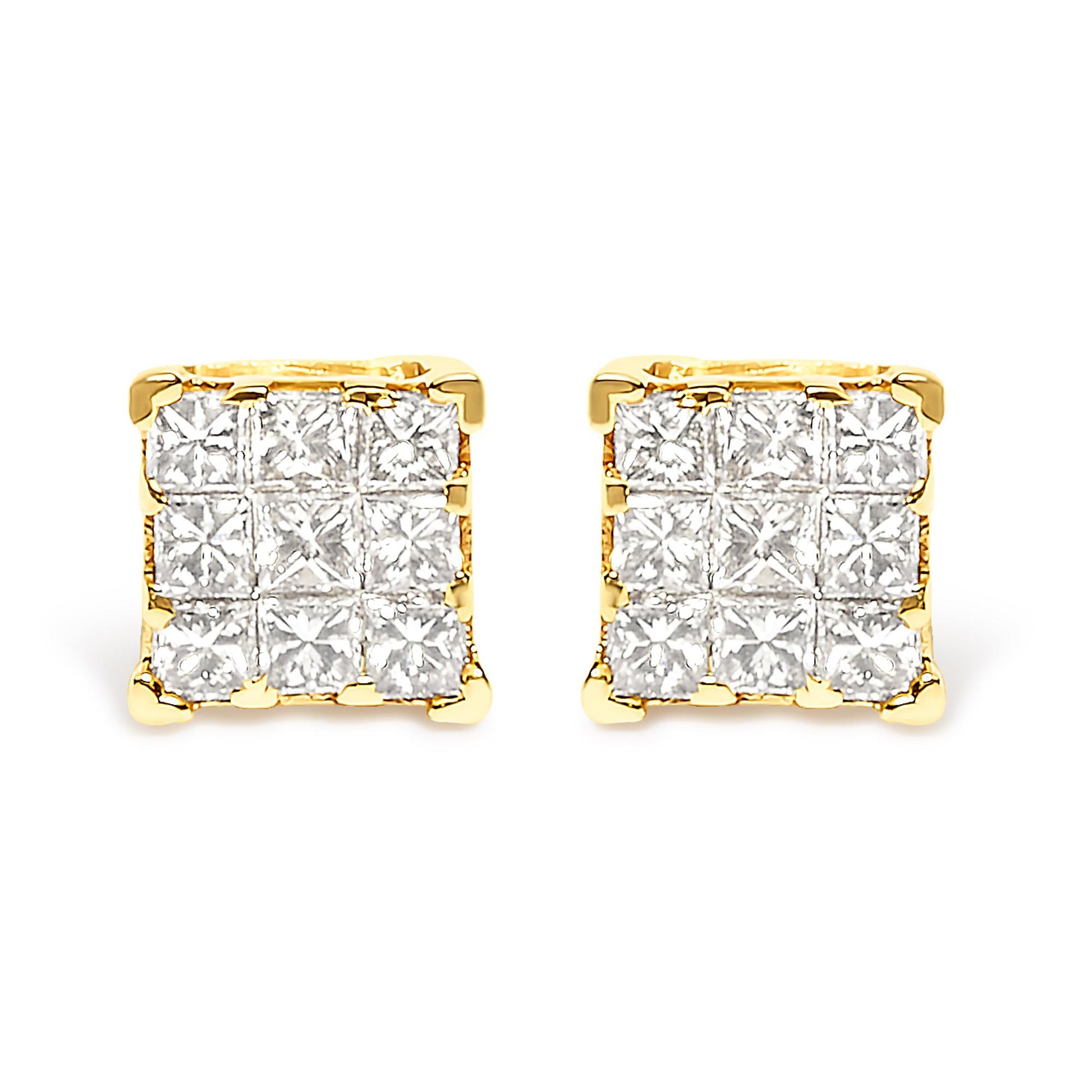 Front view of a pair of yellow metal square stud earrings with white princess shape gemstones set invisibly in a cluster.