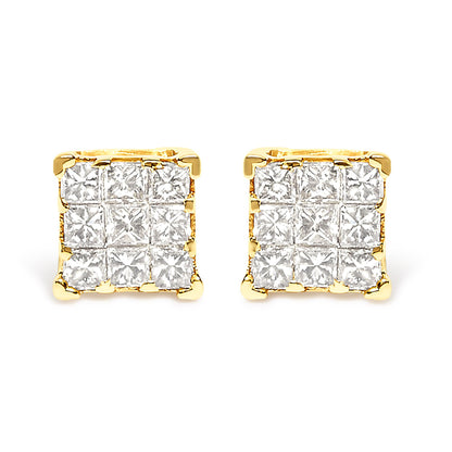 Front view of a pair of yellow metal square stud earrings with white princess shape gemstones set invisibly in a cluster.