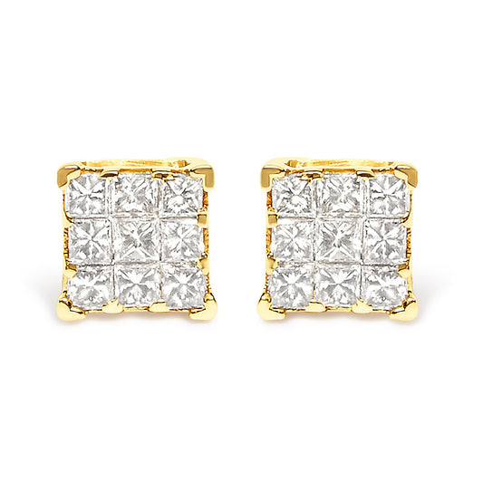 Front view of a pair of yellow metal square stud earrings with white princess shape gemstones set invisibly in a cluster.