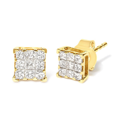Close-up view of yellow metal square stud earrings with multiple white princess-shape gemstones in invisible setting, shown from front and angled side.