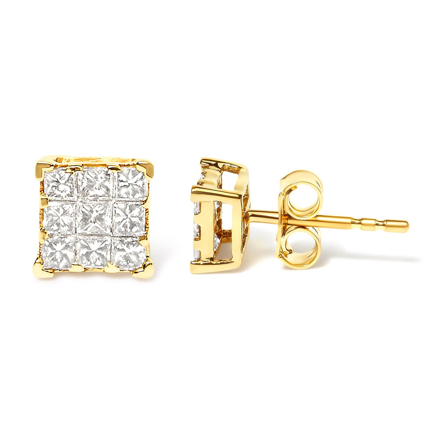 Close-up frontal and side view of yellow metal square stud earrings featuring white princess-shaped gemstones in an invisible setting.