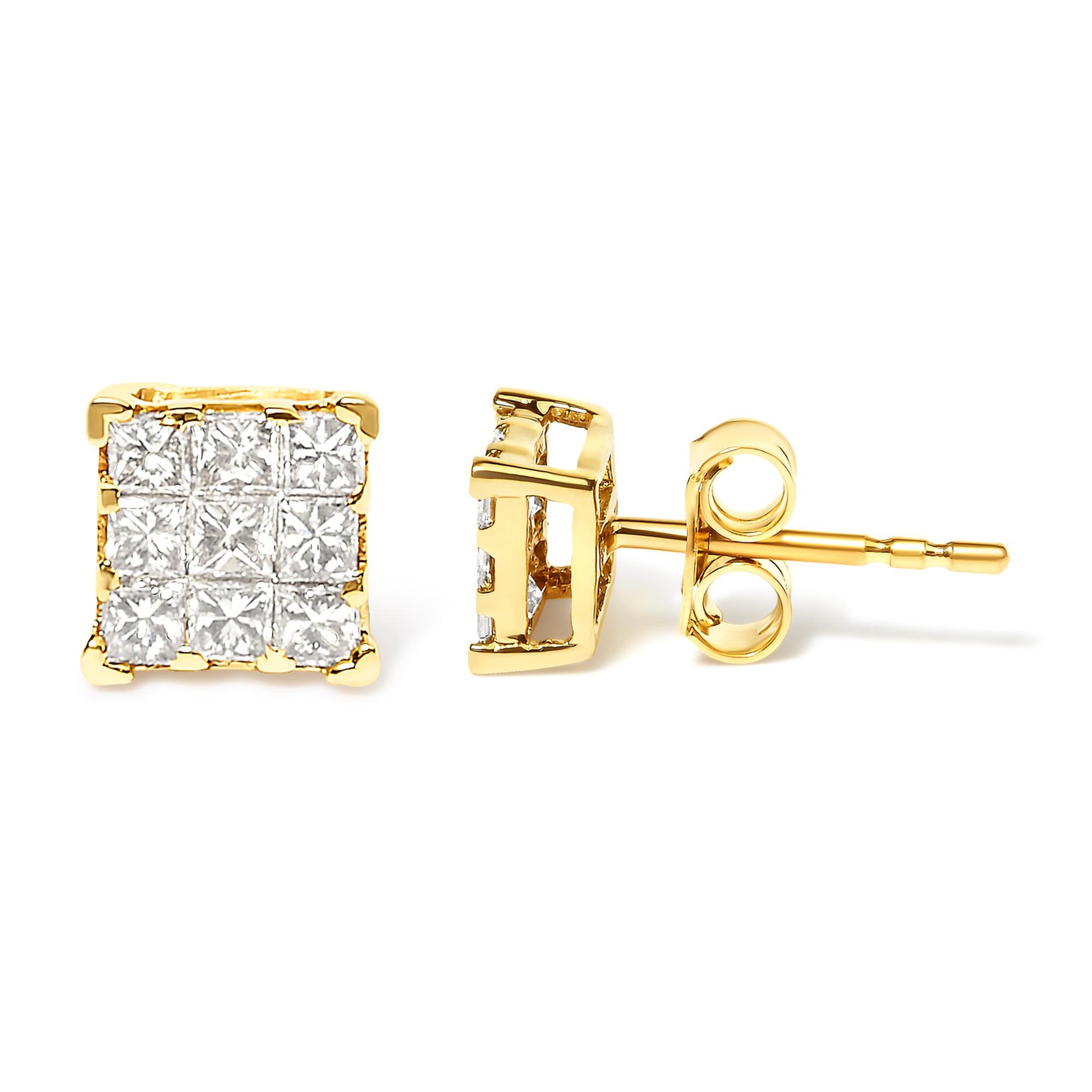 Close-up frontal and side view of yellow metal square stud earrings featuring white princess-shaped gemstones in an invisible setting.
