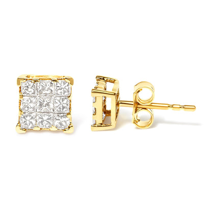 Close-up frontal and side view of yellow metal square stud earrings featuring white princess-shaped gemstones in an invisible setting.