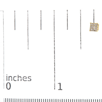 Close-up front angle of a yellow metal square earring with multiple princess shape white gemstones in invisible setting, shown on a ruler for size reference.