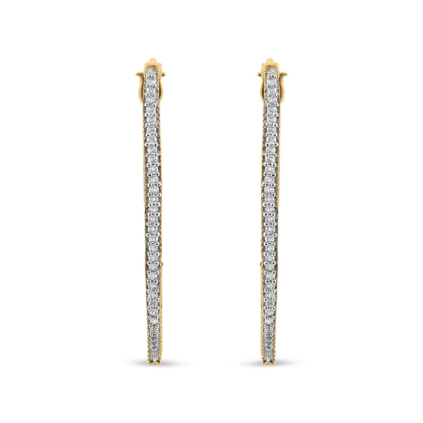 Front-facing view of yellow metal earrings with a single row of round white gemstones in prong setting along the length.