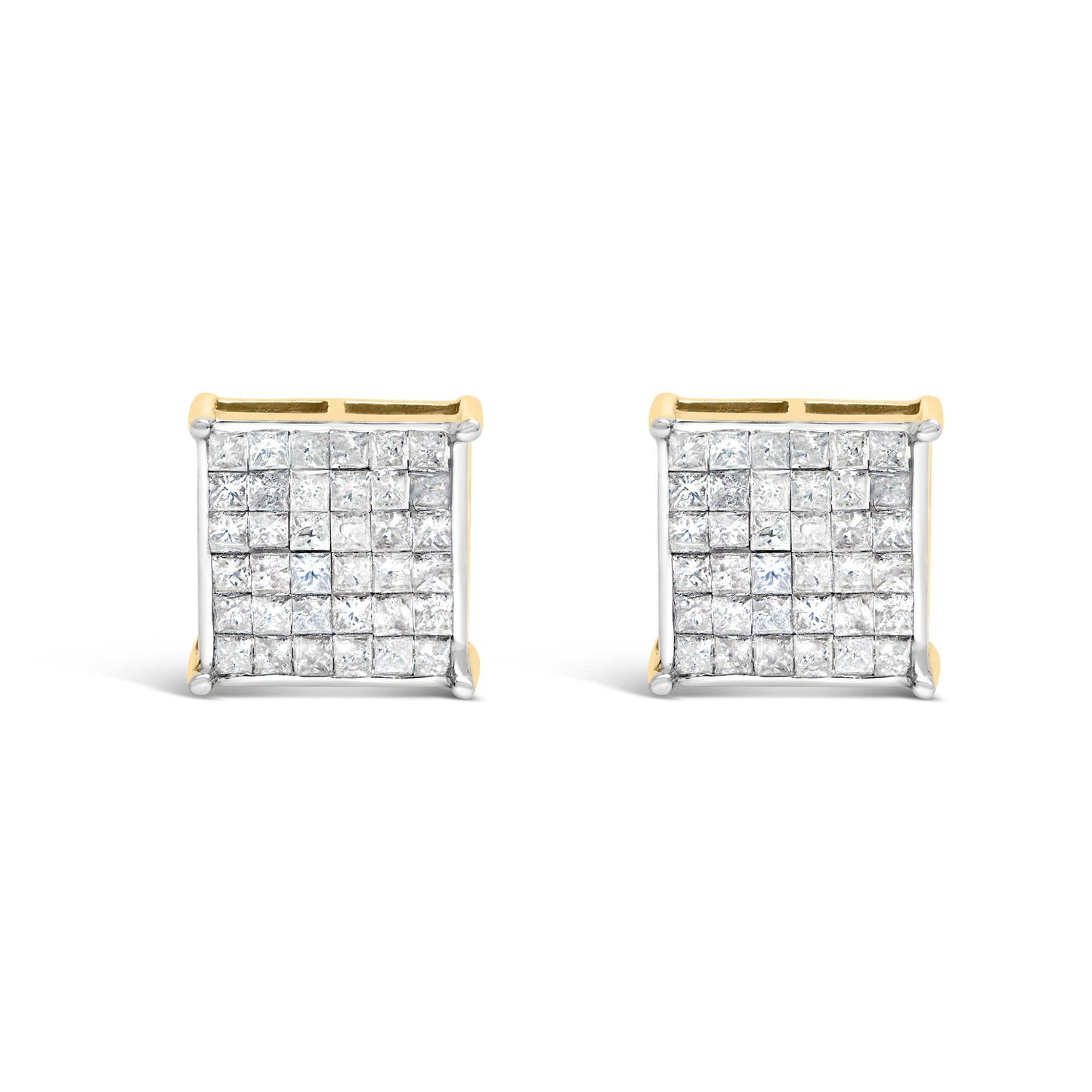 Pair of square-shaped yellow metal earrings viewed from the front, each set with multiple white princess-shaped gemstones in a prong setting.