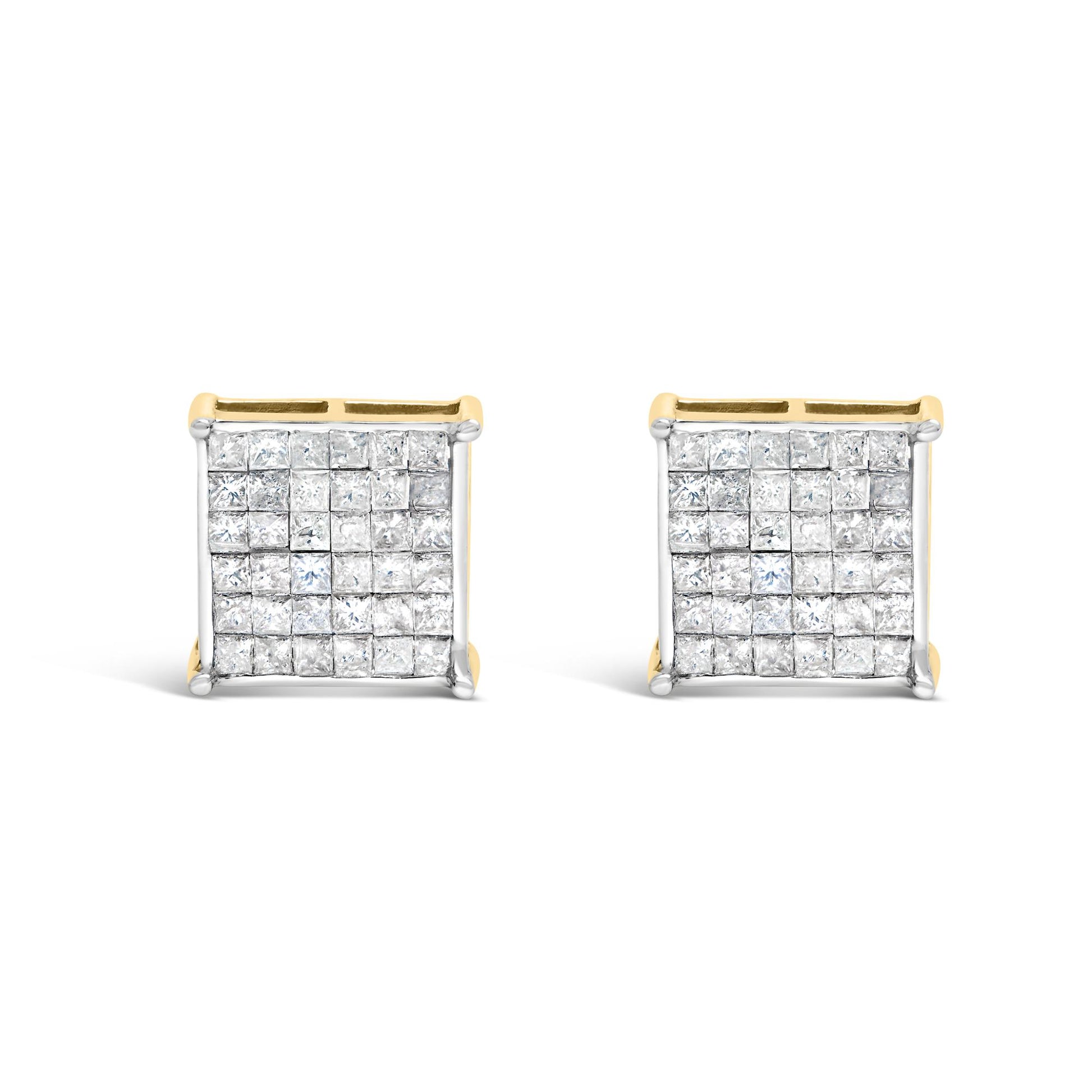 Pair of square-shaped yellow metal earrings viewed from the front, each set with multiple white princess-shaped gemstones in a prong setting.