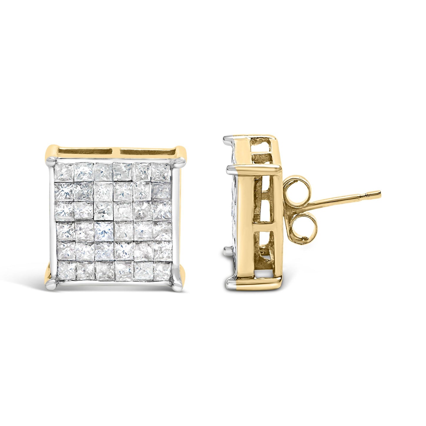Pair of square-shaped yellow metal stud earrings with white princess-shaped gemstones in prong settings, shown from front and side angles on a white background.