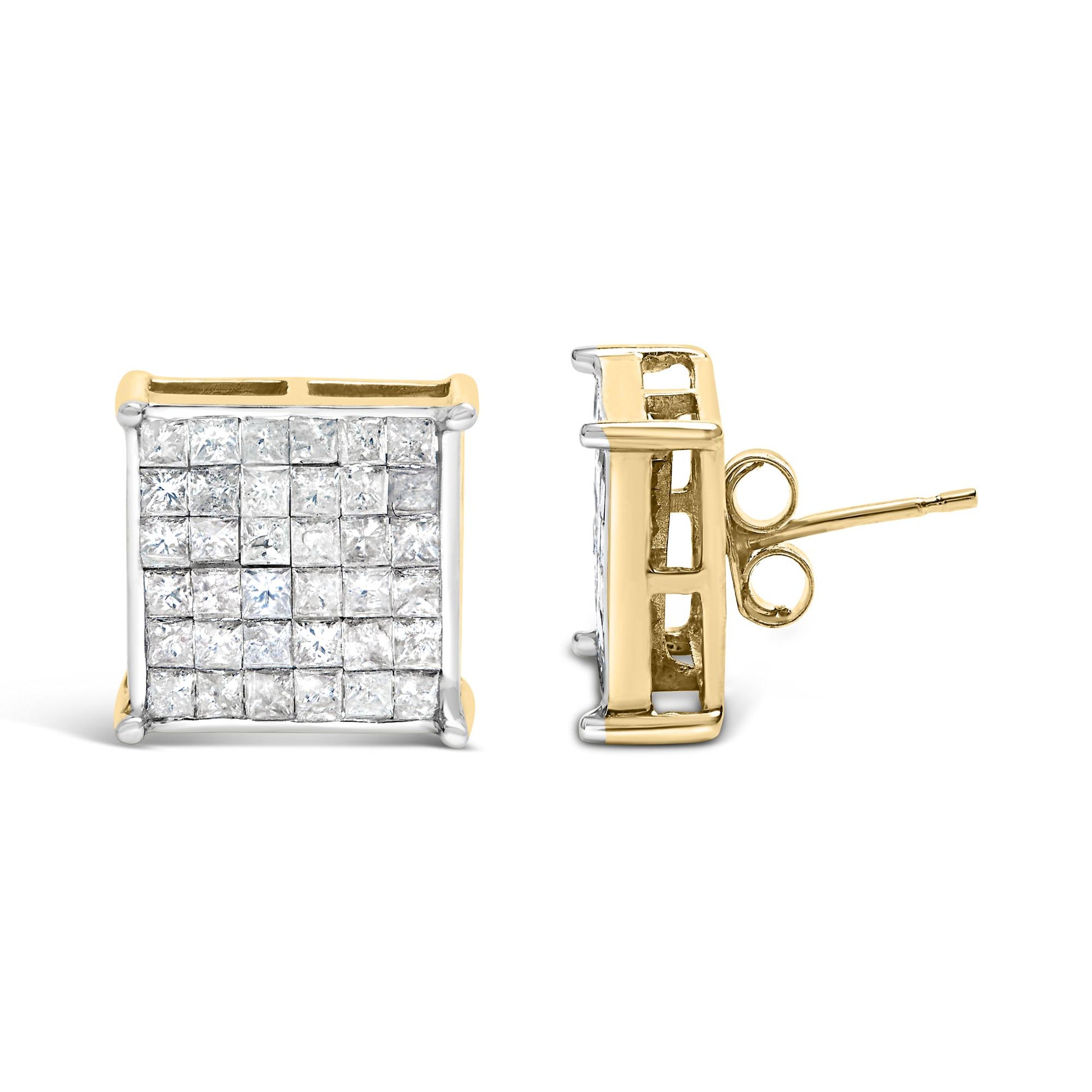 Pair of square-shaped yellow metal stud earrings with white princess-shaped gemstones in prong settings, shown from front and side angles on a white background.