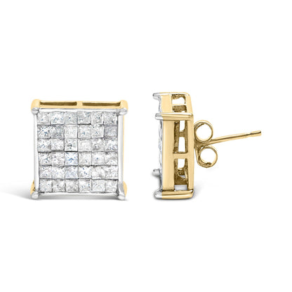 Pair of square-shaped yellow metal stud earrings with white princess-shaped gemstones in prong settings, shown from front and side angles on a white background.