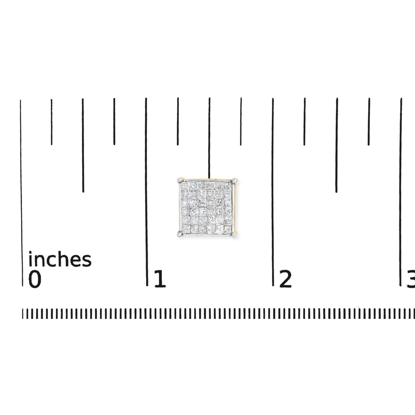 Square-shaped yellow metal earring with white princess-cut gemstones in a prong setting shown on a scale, front angle.