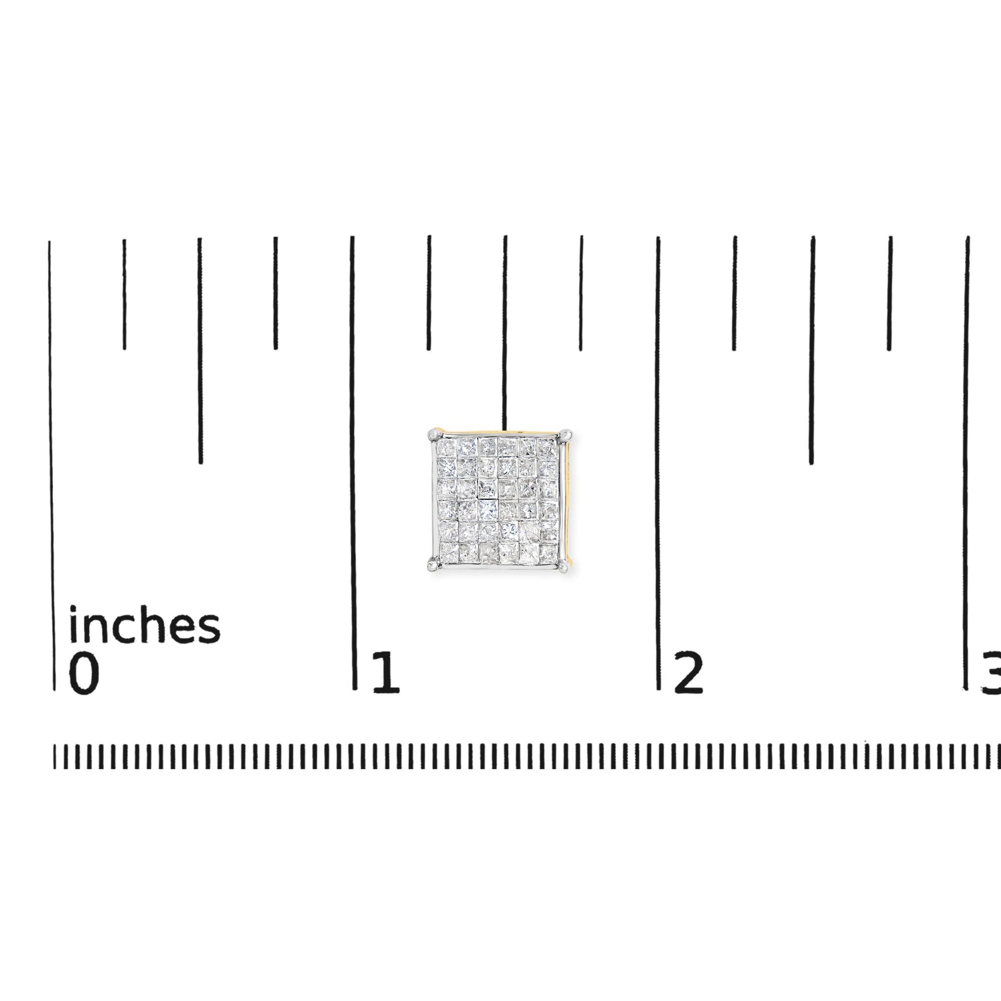 Square-shaped yellow metal earring with white princess-cut gemstones in a prong setting shown on a scale, front angle.