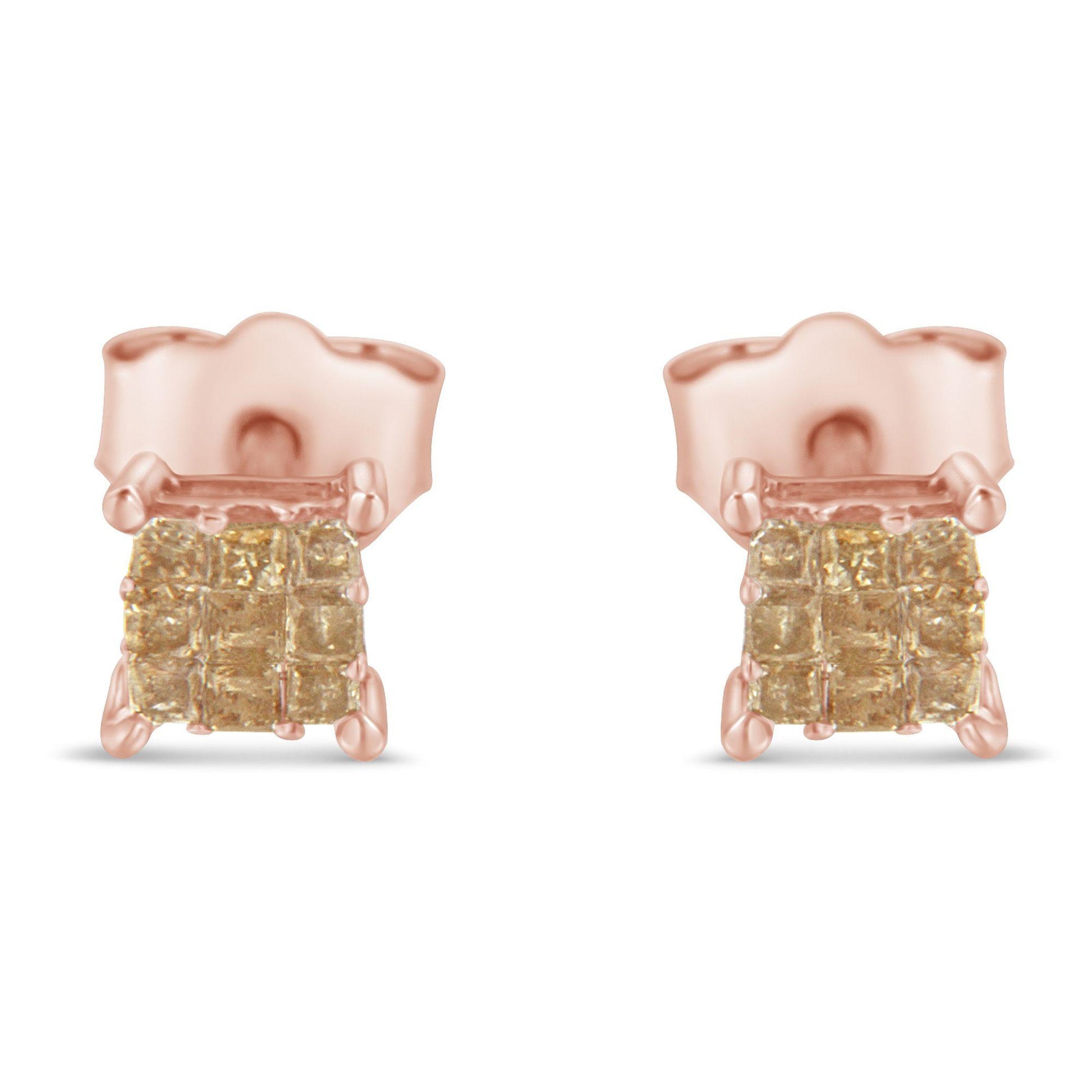 Pair of rose metal stud earrings with square cluster of light-colored gemstones in invisible setting, front view.